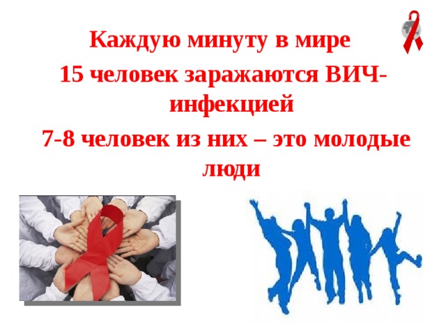 Каждую минуту в мире 15 человек заражаются ВИЧ-инфекцией  7-8 человек из них – это молодые люди 