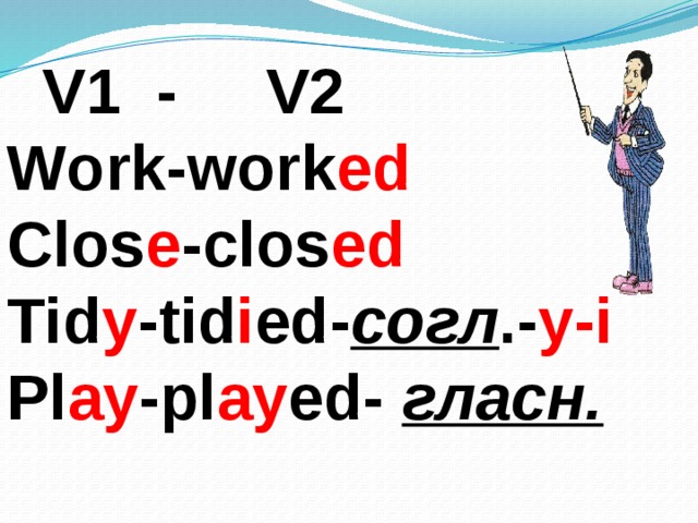  V1 - V2 Work-work ed Clos e -clos ed Tid y -tid i ed- согл .- y-i Pl ay -pl ay ed- гласн. 