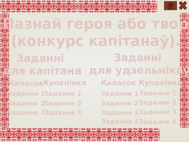 Пазнай героя або твор (конкурс капітанаў). Заданні для удзельнікаў Заданні для капітана Каласок Купалінка Купалінка Каласок Заданне 1 Заданне 1 Заданне 1 Заданне 1 Заданне 2 Заданне 2 Заданне 2 Заданне 2 Заданне 3 Заданне 3 Заданне 3 Заданне 3 Заданне 4 Заданне 4 
