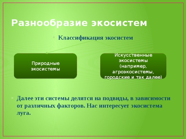Разнообразие экосистем Классификация экосистем       Далее эти системы делятся на подвиды, в зависимости от различных факторов. Нас интересует экосистема луга. Природные экосистемы Искусственные экосистемы (например, агроэкосистемы, городские и так далее) 
