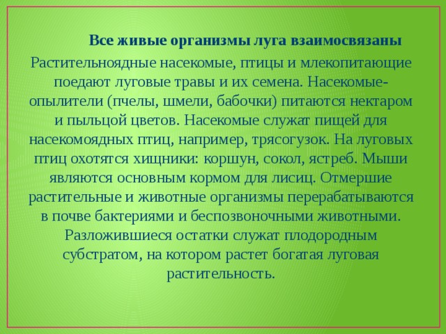  Все живые организмы луга взаимосвязаны Растительноядные насекомые, птицы и млекопитающие поедают луговые травы и их семена. Насекомые-опылители (пчелы, шмели, бабочки) питаются нектаром и пыльцой цветов. Насекомые служат пищей для насекомоядных птиц, например, трясогузок. На луговых птиц охотятся хищники: коршун, сокол, ястреб. Мыши являются основным кормом для лисиц. Отмершие растительные и животные организмы перерабатываются в почве бактериями и беспозвоночными животными. Разложившиеся остатки служат плодородным субстратом, на котором растет богатая луговая растительность. 