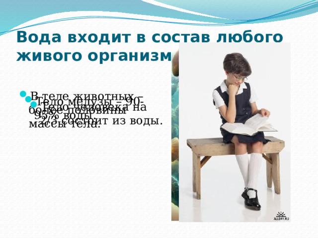 Вода входит в состав любого живого организма. В теле животных – более половины массы тела. Тело медузы – 90-95% воды. Тело человека на 2/3 состоит из воды. 