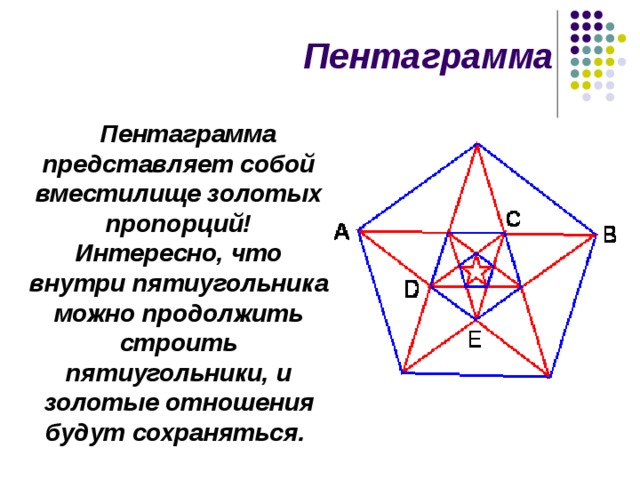 Пентаграмма Пентаграмма представляет собой вместилище золотых пропорций! Интересно, что внутри пятиугольника можно продолжить строить пятиугольники, и золотые отношения будут сохраняться. 