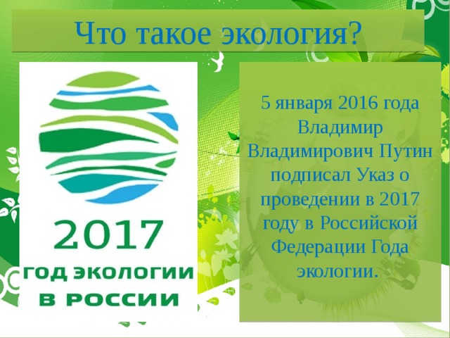 Что такое экология? 5 января 2016 года Владимир Владимирович Путин подписал Указ о проведении в 2017 году в Российской Федерации Года экологии.  