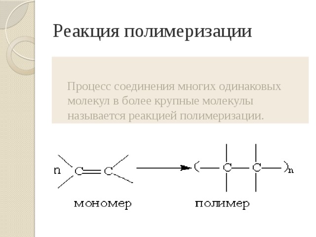 Реакция полимеризации  Процесс соединения многих одинаковых молекул в более крупные молекулы называется реакцией полимеризации. 