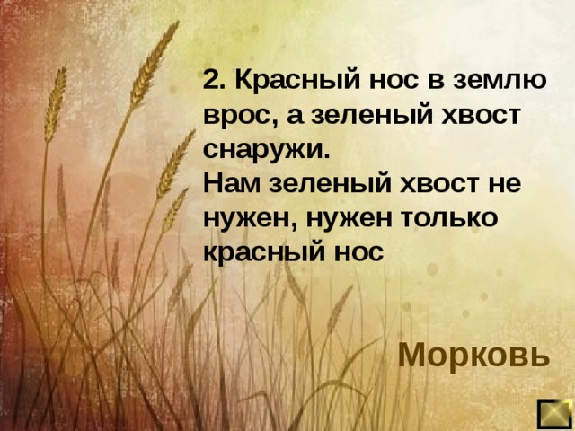 2. Красный нос в землю врос, а зеленый хвост снаружи. Нам зеленый хвост не нужен, нужен только красный нос Морковь 