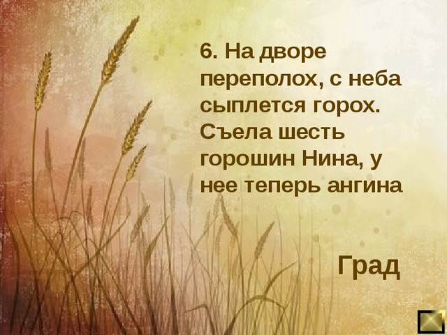 6. На дворе переполох, с неба сыплется горох. Съела шесть горошин Нина, у нее теперь ангина Град 