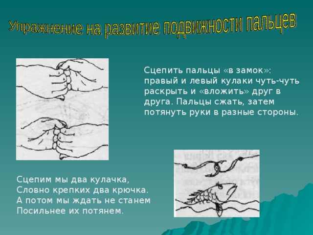 Сцепить пальцы «в замок»: правый и левый кулаки чуть-чуть раскрыть и «вложить» друг в друга. Пальцы сжать, затем потянуть руки в разные стороны. Сцепим мы два кулачка, Словно крепких два крючка. А потом мы ждать не станем Посильнее их потянем. 