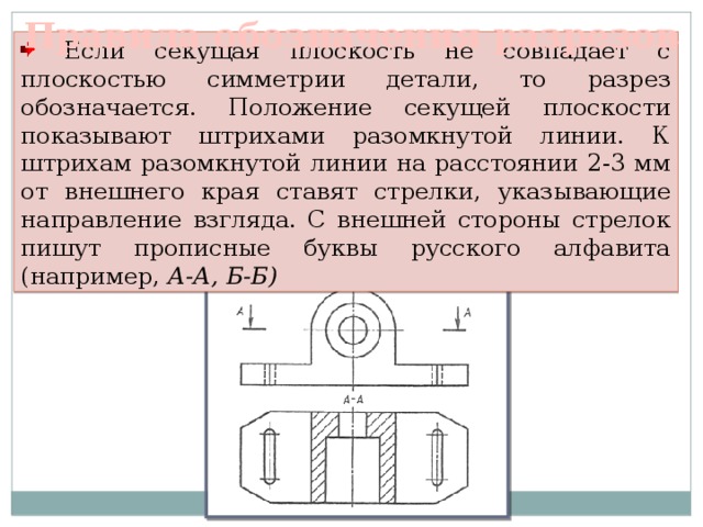 Правила обозначения разрезов  Если секущая плоскость не совпадает с плоскостью симметрии детали, то разрез обозначается. Положение секущей плоскости показывают штрихами разомкнутой линии. К штрихам разомкнутой линии на расстоянии 2-3 мм от внешнего края ставят стрелки, указывающие направление взгляда. С внешней стороны стрелок пишут прописные буквы русского алфавита (например, А-А, Б-Б) 