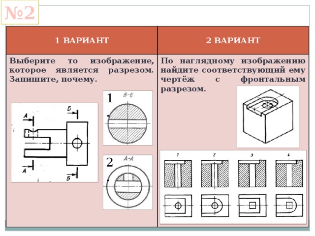 № 2 1 ВАРИАНТ 2 ВАРИАНТ Выберите то изображение, которое является разрезом. Запишите, почему. По наглядному изображению найдите соответствующий ему чертёж с фронтальным разрезом. 1. 2. 