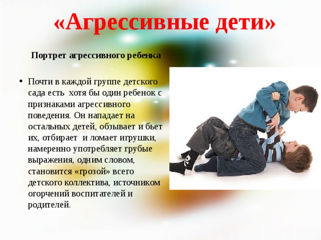   «Агрессивные дети»  Портрет агрессивного ребенка   Почти в каждой группе детского сада есть хотя бы один ребенок с признаками агрессивного поведения. Он нападает на остальных детей, обзывает и бьет их, отбирает и ломает игрушки, намеренно употребляет грубые выражения, одним словом, становится «грозой» всего детского коллектива, источником огорчений воспитателей и родителей. 
