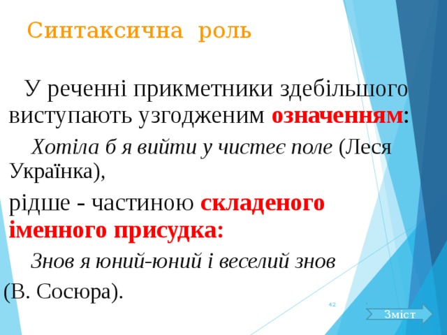 Синтаксична роль  У реченні прикметники здебільшого виступають узгодженим означенням :   Хотіла б я вийти у чистеє поле (Леся Українка),  рідше - частиною складеного іменного присудка:   Знов я юний-юний і веселий знов  (В. Сосюра). 41 Зміст 