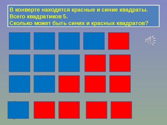В конверте находятся красные и синие квадраты. Всего квадратиков 5. Сколько может быть синих и красных квадратов? 