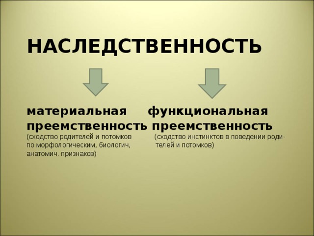 НАСЛЕДСТВЕННОСТЬ     материальная функциональная   преемственность преемственность  (сходство родителей и потомков (сходство инстинктов в поведении роди-  по морфологическим, биологич, телей и потомков)  анатомич. признаков)   