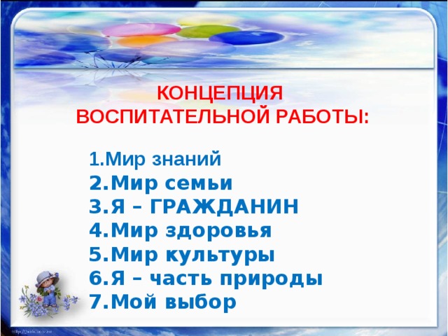 КОНЦЕПЦИЯ ВОСПИТАТЕЛЬНОЙ РАБОТЫ: Мир знаний Мир семьи Я – ГРАЖДАНИН Мир здоровья Мир культуры Я – часть природы Мой выбор 