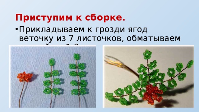 Приступим к сборке. Прикладываем к грозди ягод веточку из 7 листочков, обматываем ниткой на 1-2 см. 