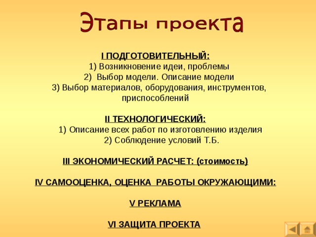  I ПОДГОТОВИТЕЛЬНЫЙ:  1) Возникновение идеи, проблемы  2) Выбор модели. Описание модели  3) Выбор материалов, оборудования, инструментов, при способлений II ТЕХНОЛОГИЧЕСКИЙ:  1) Описание всех работ по изгот о влению изделия  2) Соблюдение условий Т.Б. III ЭКОНОМИЧЕСКИЙ РАСЧЕТ: (стоимость) IV САМООЦЕНКА, ОЦЕНКА РАБОТЫ ОКРУЖАЮЩИМИ: V РЕКЛАМА VI ЗАЩИТА ПРОЕКТА  