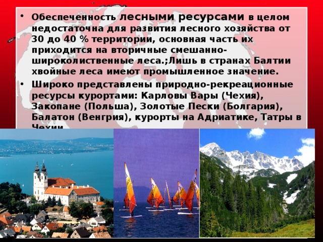 Обеспеченность лесными ресурсами в целом недостаточна для развития лесного хозяйства от 30 до 40 % территории, основная часть их приходится на вторичные смешанно-широколиственные леса.;Лишь в странах Балтии хвойные леса имеют промышленное значение. Широко представлены природно-рекреационные ресурсы курортами: Карловы Вары (Чехия), Закопане (Польша), Золотые Пески (Болгария), Балатон (Венгрия), курорты на Адриатике, Татры в Чехии.  
