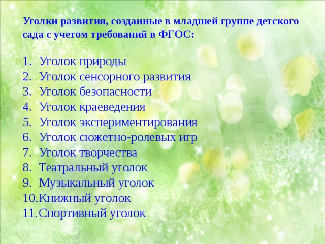 Уголки развития, созданные в младшей группе детского сада с учетом требований в ФГОС:  Уголок природы Уголок сенсорного развития Уголок безопасности Уголок краеведения Уголок экспериментирования Уголок сюжетно-ролевых игр Уголок творчества Театральный уголок Музыкальный уголок Книжный уголок Спортивный уголок 