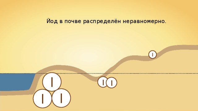 Йод в почве распределён неравномерно.  I I I I I I 