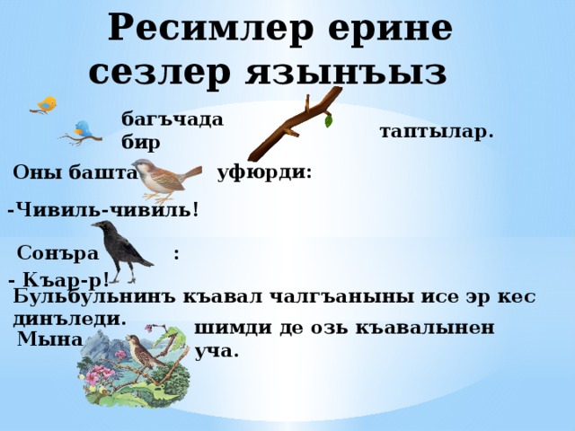 Ресимлер ерине сезлер язынъыз багъчада бир таптылар. уфюрди: Оны башта -Чивиль-чивиль! Сонъра : - Къар-р! Бульбульнинъ къавал чалгъаныны исе эр кес динъледи. Мына, шимди де озь къавалынен уча. 