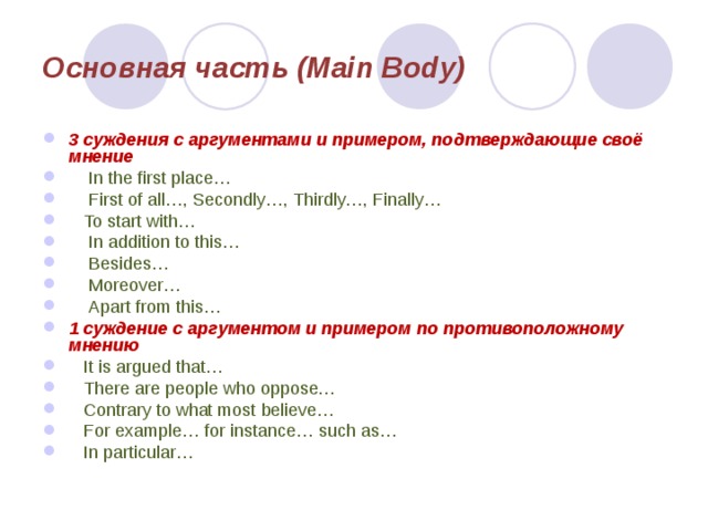 Основная часть (Main Body) 3 суждения с аргументами и примером, подтверждающие своё мнение   In the first place…  First of all…, Secondly…, Thirdly…, Finally…   To start with…   In addition to this…   Besides…   Moreover…   Apart from this… 1 суждение с аргументом и примером по противоположному мнению   It is argued that…   There are people who oppose…   Contrary to what most believe…   For example… for instance… such as…  In particular…   