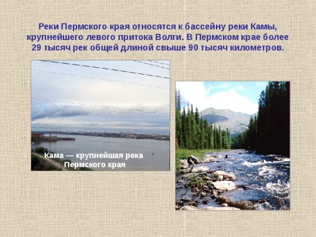 Реки Пермского края относятся к бассейну реки Камы, крупнейшего левого притока Волги. В Пермском крае более 29 тысяч рек общей длиной свыше 90 тысяч километров. Кама — крупнейшая река Пермского края 