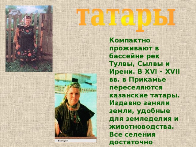 Компактно проживают в бассейне рек Тулвы, Сылвы и Ирени. В XVI – XVII вв. в Прикамье переселяются казанские татары. Издавно заняли земли, удобные для земледелия и животноводства. Все селения достаточно крупные, живут зажиточно, очень чистоплотные. 