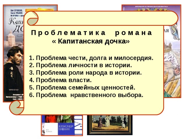 П р о б л е м а т и к а р о м а н а  « Капитанская дочка»   1. Проблема чести, долга и милосердия.  2. Проблема личности в истории.  3. Проблема роли народа в истории.  4. Проблема власти.  5. Проблема семейных ценностей.  6. Проблема нравственного выбора. Проблематика романа 