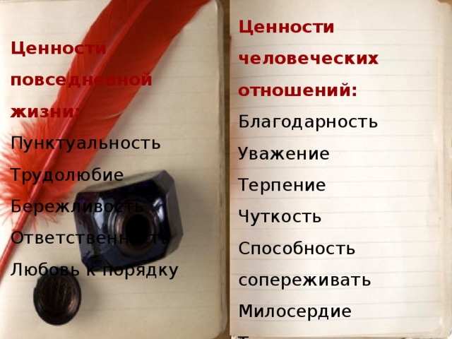 Ценности человеческих отношений:  Благодарность  Уважение  Терпение  Чуткость  Способность сопереживать  Милосердие  Толерантность                       Ценности повседневной жизни:  Пунктуальность  Трудолюбие  Бережливость  Ответственность  Любовь к порядку 