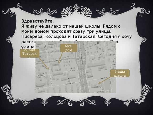 Здравствуйте. Я живу не далеко от нашей школы. Рядом с моим домом проходят сразу три улицы: Писарева, Кольцова и Татарская. Сегодня я хочу рассказать вам об одной из этих улиц. Это улица Татарская. Мой дом Улица Татарская Наша школа 