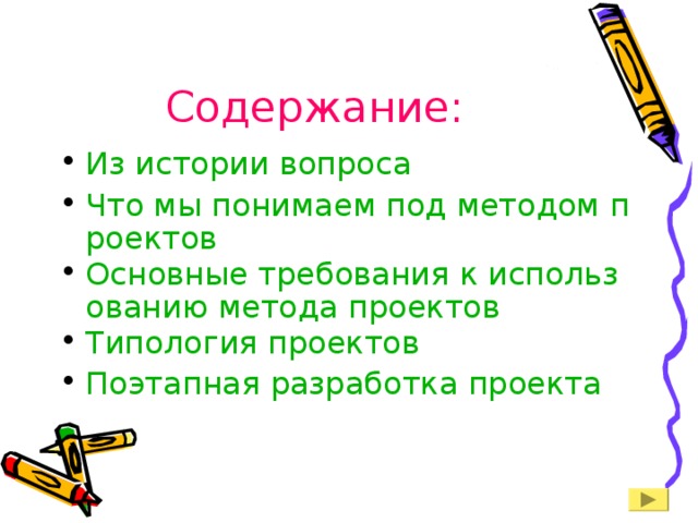 Содержание: Из истории вопроса Что мы понимаем под методом проектов Основные требования к использованию метода проектов Типология проектов Поэтапная разработка проекта 