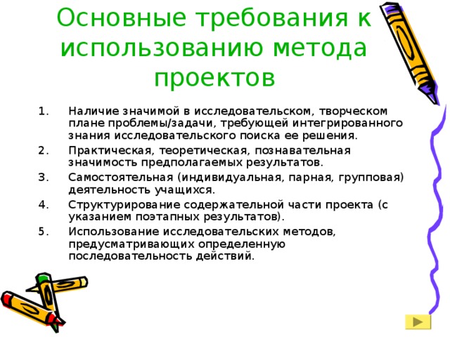 Основные требования к использованию метода проектов Наличие значимой в исследовательском, творческом плане проблемы/задачи, требующей интегрированного знания исследовательского поиска ее решения. Практическая, теоретическая, познавательная значимость предполагаемых результатов. Самостоятельная (индивидуальная, парная, групповая) деятельность учащихся. Структурирование содержательной части проекта (с указанием поэтапных результатов). Использование исследовательских методов, предусматривающих определенную последовательность действий. 