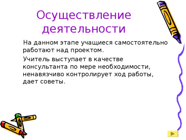 Осуществление деятельности На данном этапе учащиеся самостоятельно работают над проектом. Учитель выступает в качестве консультанта по мере необходимости, ненавязчиво контролирует ход работы, дает советы. 