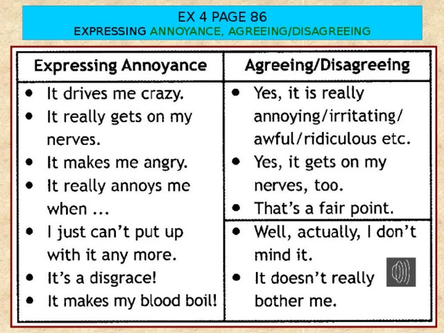 EX 4 PAGE 86  EXPRESSING ANNOYANCE, AGREEING/DISAGREEING 