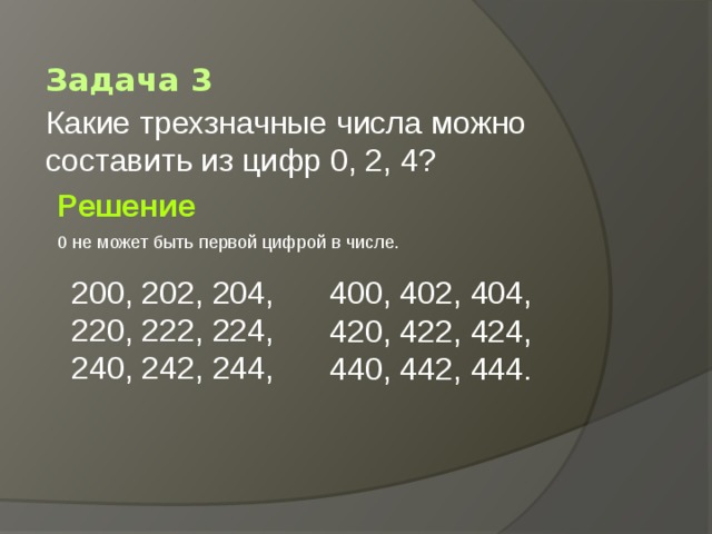 Задача 3 Какие трехзначные числа можно составить из цифр 0, 2, 4? Решение 0 не может быть первой цифрой в числе. 200, 202, 204, 220, 222, 224, 240, 242, 244, 400, 402, 404, 420, 422, 424, 440, 442, 444. 