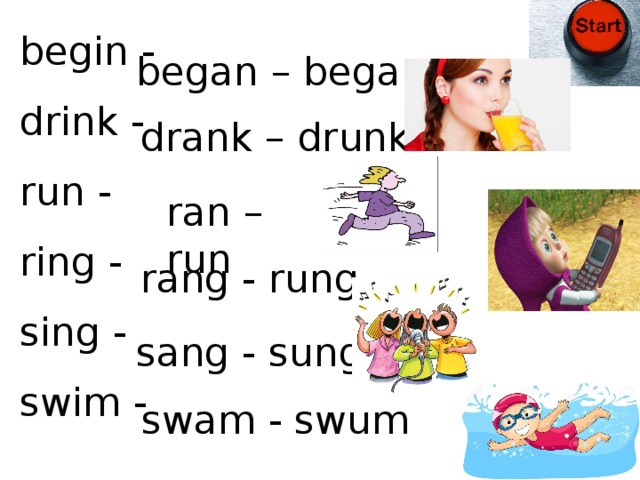 begin - drink - run - ring - sing - swim - began – began drank – drunk ran – run rang - rung sang - sung swam - swum 