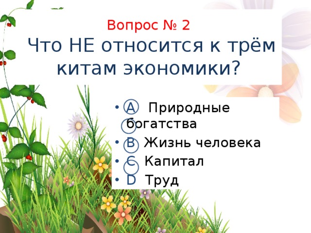 Вопрос № 2  Что НЕ относится к трём китам экономики? А Природные богатства В Жизнь человека С Капитал D Труд 