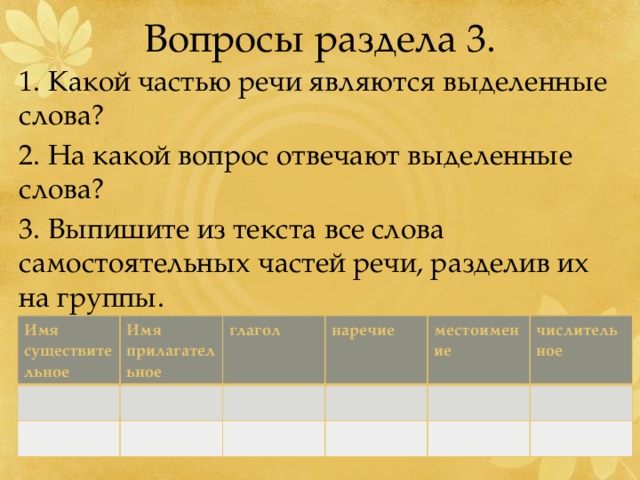 Вопросы раздела 3. 1. Какой частью речи являются выделенные слова? 2. На какой вопрос отвечают выделенные слова? 3. Выпишите из текста все слова самостоятельных частей речи, разделив их на группы. Имя существительное Имя прилагательное глагол наречие местоимение числительное 