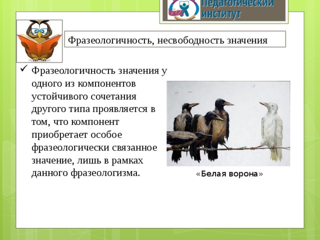 Фразеологичность, несвободность значения Фразеологичность значения у одного из компонентов устойчивого сочетания другого типа проявляется в том, что компонент приобретает особое фразеологически связанное значение, лишь в рамках данного фразеологизма. «Белая ворона» 