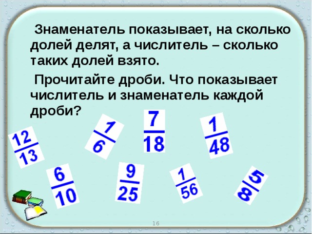  Знаменатель показывает, на сколько долей делят, а числитель – сколько таких долей взято.  Прочитайте дроби. Что показывает числитель и знаменатель каждой дроби?   16 