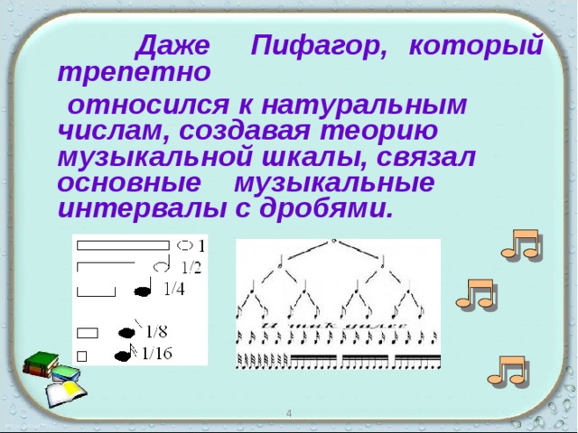    Даже Пифагор, который трепетно  относился к натуральным числам, создавая теорию музыкальной шкалы, связал основные музыкальные интервалы с дробями. 4 