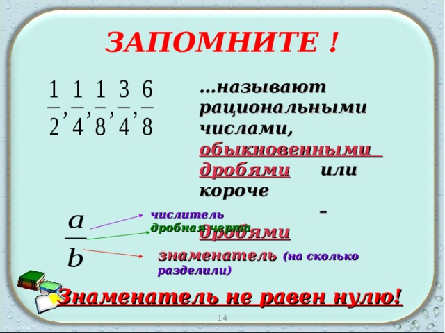  ЗАПОМНИТЕ !   … называют рациональными числами, обыкновенными дробями или короче – дробями числитель дробная черта знаменатель  (на сколько разделили) Знаменатель не равен нулю! 14 