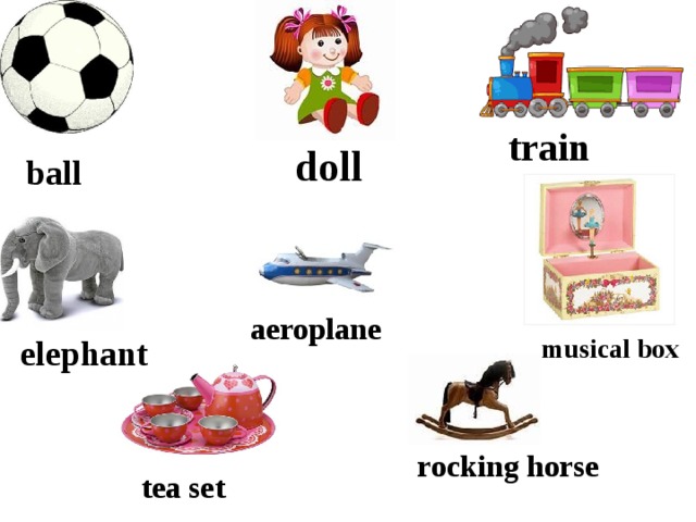 train doll ball aeroplane elephant musical box rocking horse tea set 