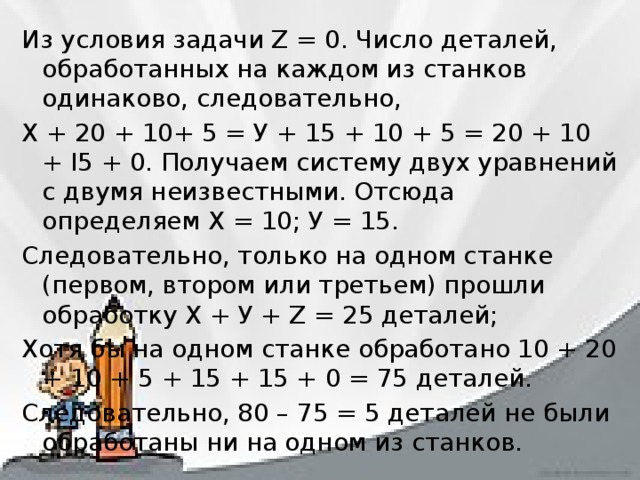 Из условия задачи Z = 0. Число деталей, обработанных на каждом из станков одинаково, следовательно, X + 20 + 10+ 5 = У + 15 + 10 + 5 = 20 + 10 + I5 + 0. Получаем систему двух уравнений c двумя неизвестными. Отсюда определяем Х = 10; У = 15. Следовательно, только на одном станке (первом, втором или третьем) прошли обработку Х + У + Z = 25 деталей; Хотя бы на одном станке обработано 10 + 20 + 10 + 5 + 15 + 15 + 0 = 75 деталей. Следовательно, 80 – 75 = 5 деталей не были обработаны ни на одном из станков. 