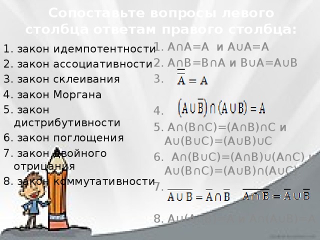 Сопоставьте вопросы левого столбца ответам правого столбца: 1. А∩А=А и А∪А=А 2. А∩В=В∩А и В∪А=А∪В 3. 4. 5. А∩(В∩С)=(А∩В)∩С и А∪(В∪С)=(А∪В)∪С 6. А∩(В∪С)=(А∩В)∪(А∩С) и А∪(В∩С)=(А∪В)∩(А∪С) 7. 8. А∪(А∩В)=А и А∩(А∪В)=А 1. закон идемпотентности 2. закон ассоциативности 3. закон склеивания 4. закон Моргана 5. закон дистрибутивности 6. закон поглощения 7. закон двойного отрицания 8. закон коммутативности 