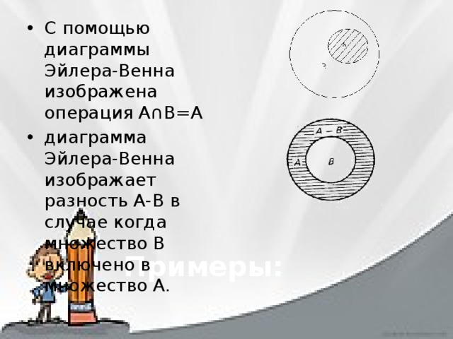 С помощью диаграммы Эйлера-Венна изображена операция А∩В=А диаграмма Эйлера-Венна изображает разность А-В в случае когда множество В включено в множество А. Примеры: 