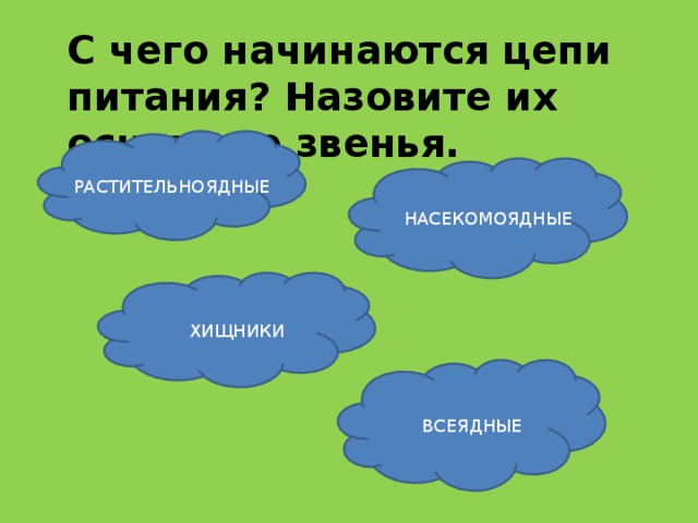 С чего начинаются цепи питания? Назовите их основные звенья. РАСТИТЕЛЬНОЯДНЫЕ НАСЕКОМОЯДНЫЕ ХИЩНИКИ ВСЕЯДНЫЕ 