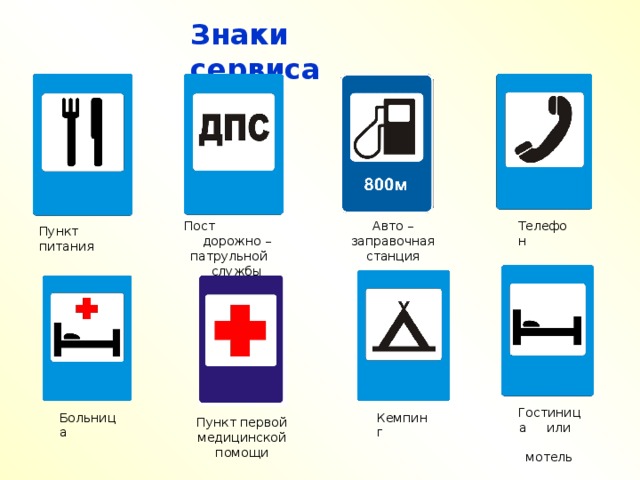 Знаки сервиса Авто – заправочная станция Телефон Пост дорожно – патрульной службы Пункт питания Гостиница или мотель Больница Кемпинг Пункт первой медицинской помощи 