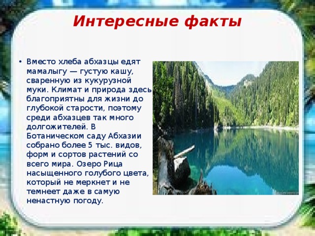 Интересные факты   Вместо хлеба абхазцы едят мамалыгу — густую кашу, сваренную из кукурузной муки. Климат и природа здесь благоприятны для жизни до глубокой старости, поэтому среди абхазцев так много долгожителей. В Ботаническом саду Абхазии собрано более 5 тыс. видов, форм и сортов растений со всего мира. Озеро Рица насыщенного голубого цвета, который не меркнет и не темнеет даже в самую ненастную погоду. 
